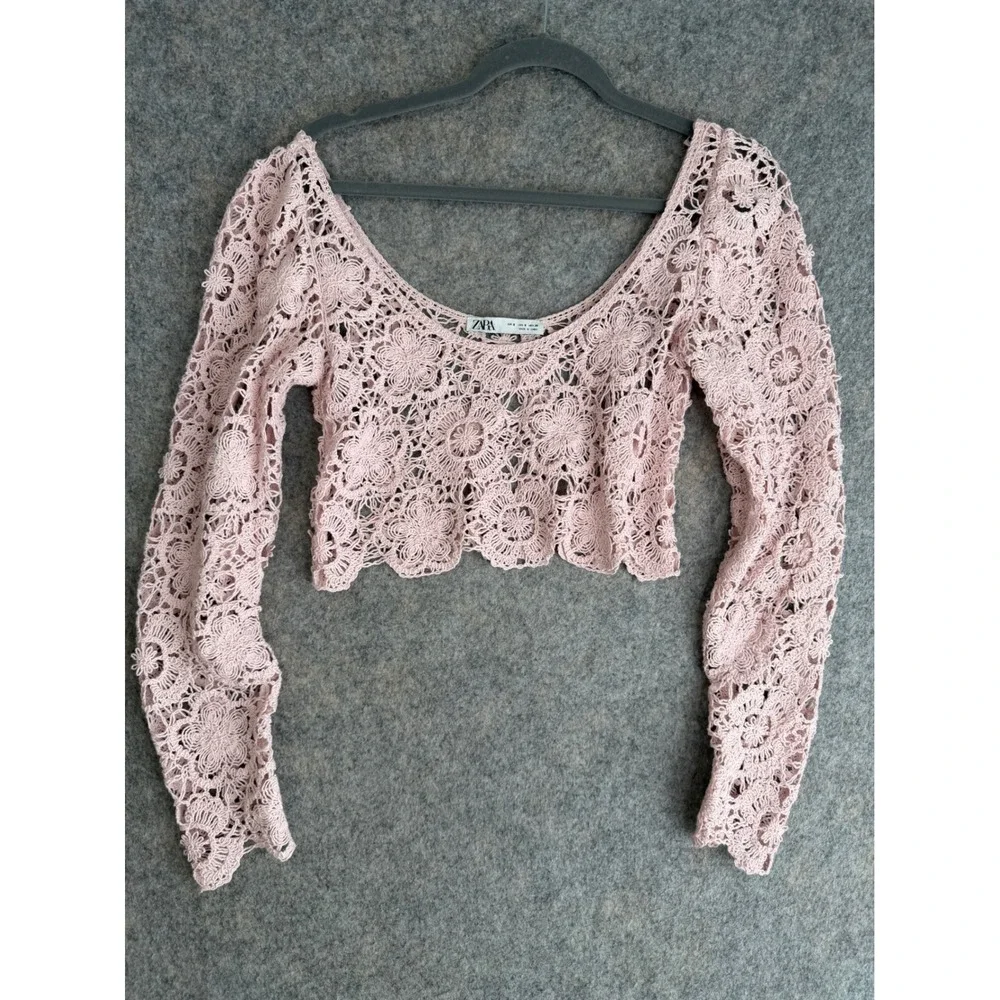 Zara Crochet Floral Lace Long Sleeve Crop Top Womens S Pink Fairy Boho Cottage